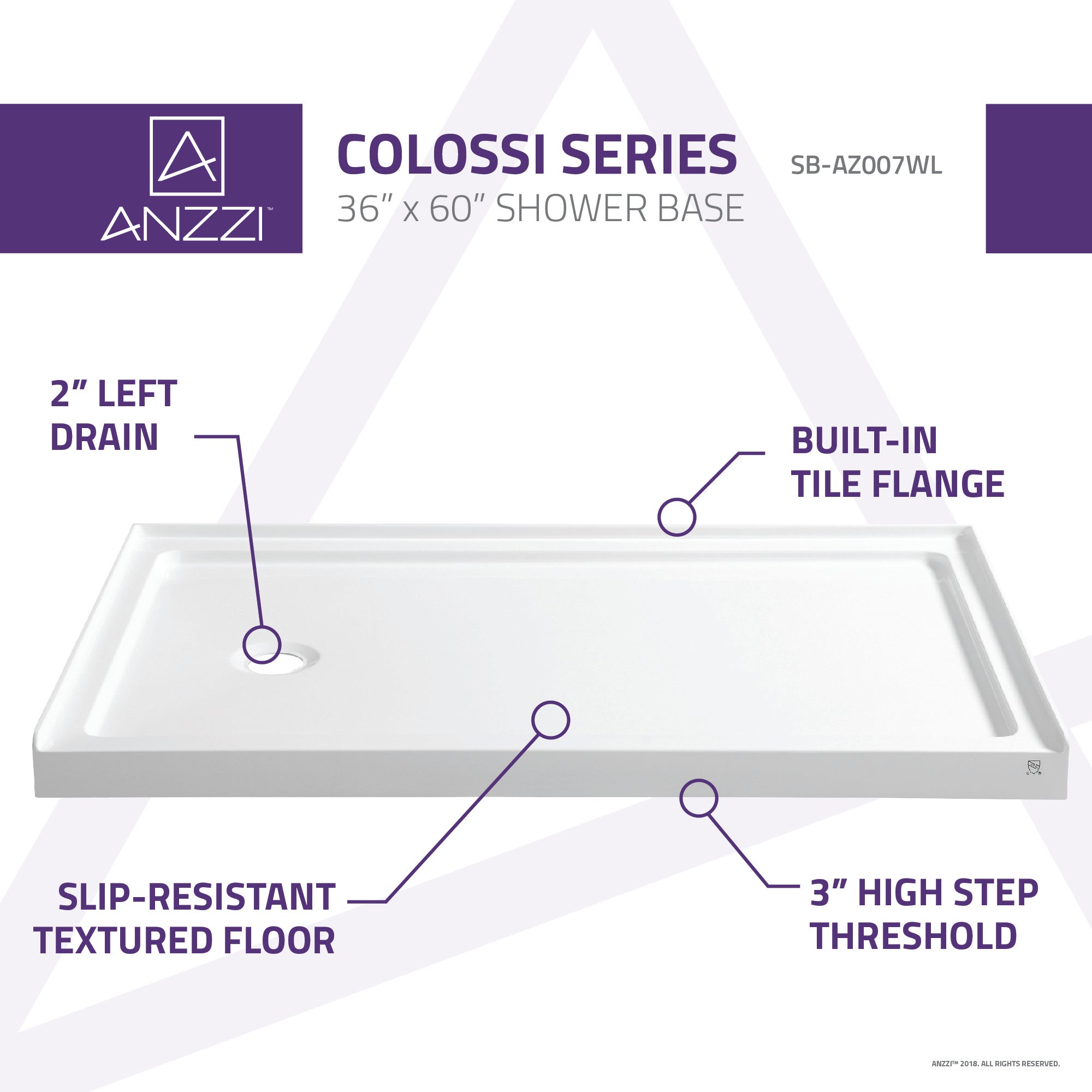 Anzzi Colossi Series 60 in. x 36 in. Shower Base in White SB-AZ007WL - SB-AZ007WL