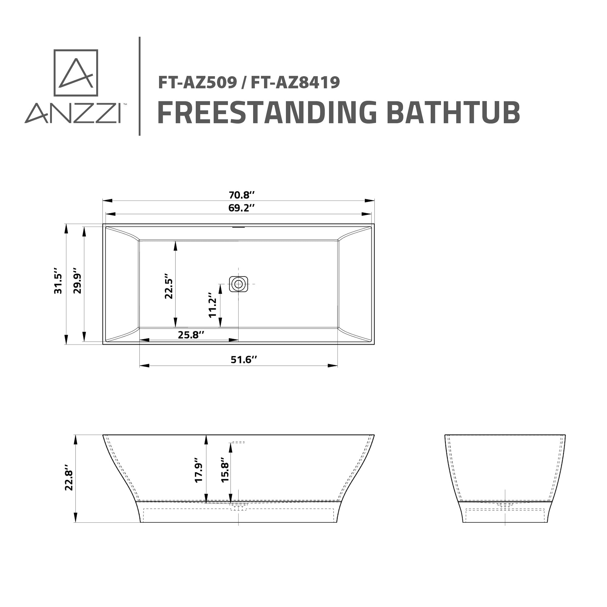 Anzzi Crema 5.9 ft. Solid Surface Center Drain Freestanding Bathtub in Matte White FT-AZ509