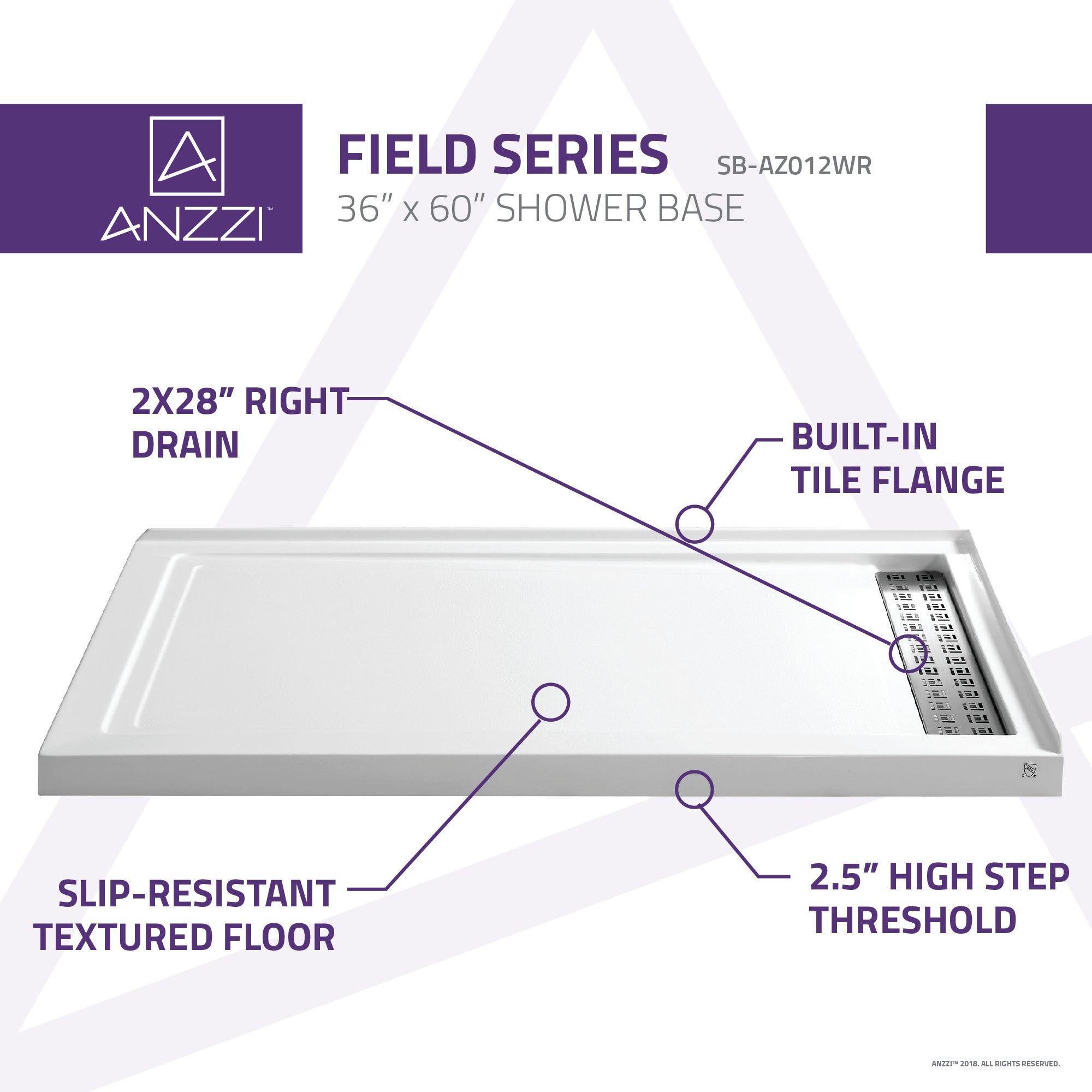 Anzzi Field Series 60 in. x 36 in. Shower Base in White SB-AZ012WR - SB-AZ012WR