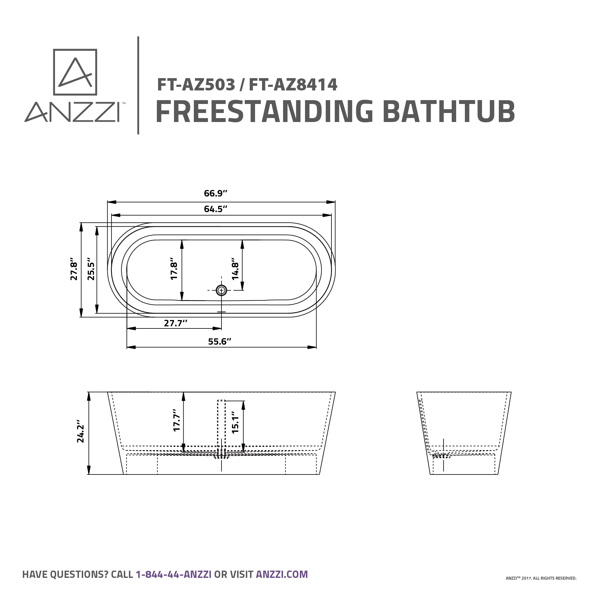 Anzzi Kosima 5.6 ft. Solid Surface Center Drain Freestanding Bathtub in Matte White FT- - FT-AZ8414