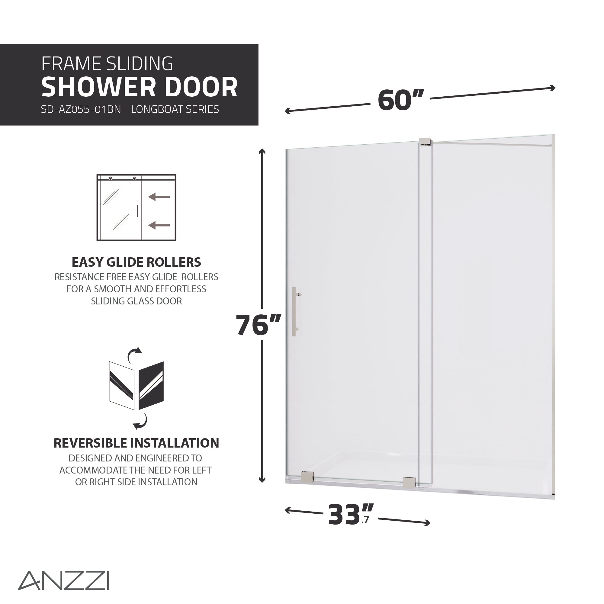 Anzzi Longboat Series 60 in. x 76 in. Semi-Frameless Shower Door with TSUNAMI GUARD SD-AZ055-01 -- SD-AZ055-01BN