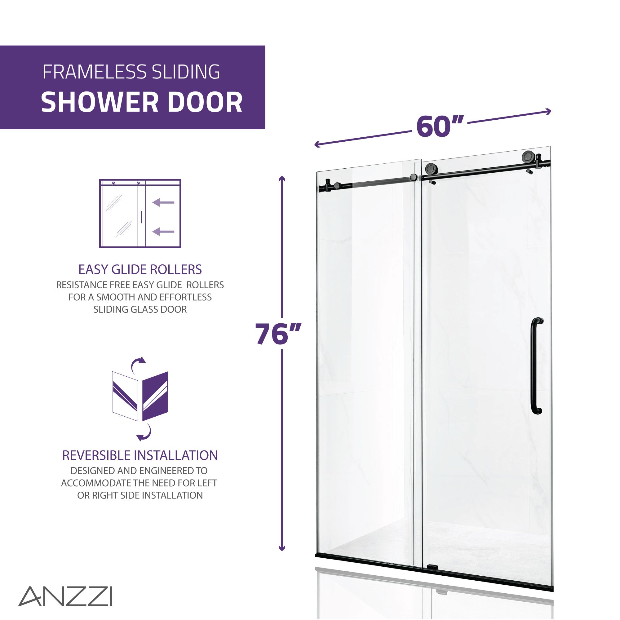 Anzzi Madam Series 60 in. by 76 in. Frameless Sliding Shower Door with Handle SD-AZ13-02 - SD-AZ13-02BN