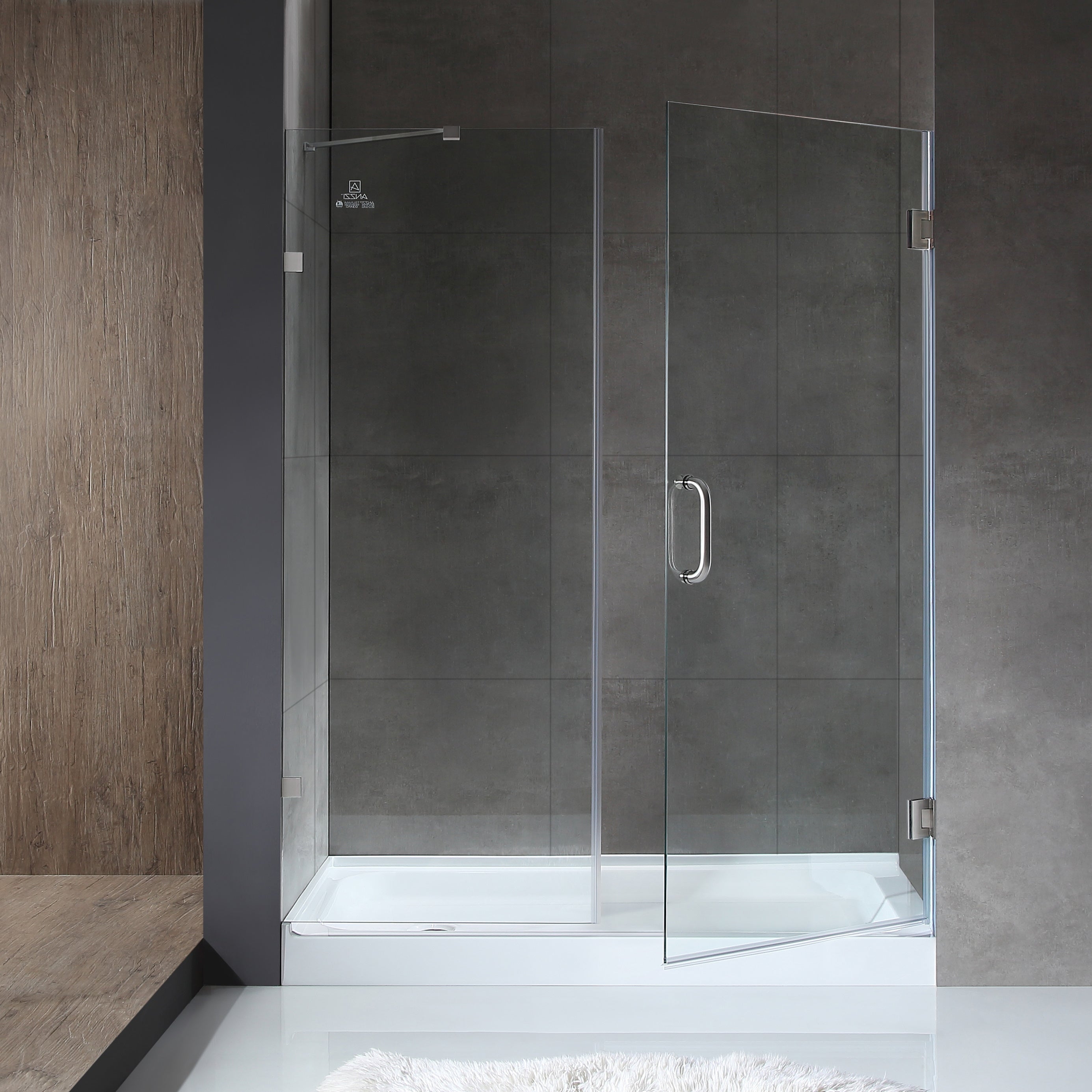 Anzzi Makata Series 60 in. by 72 in. Frameless Hinged Alcove Shower Door with Handle SD-AZ8073-01 - SD-AZ8073-01BN