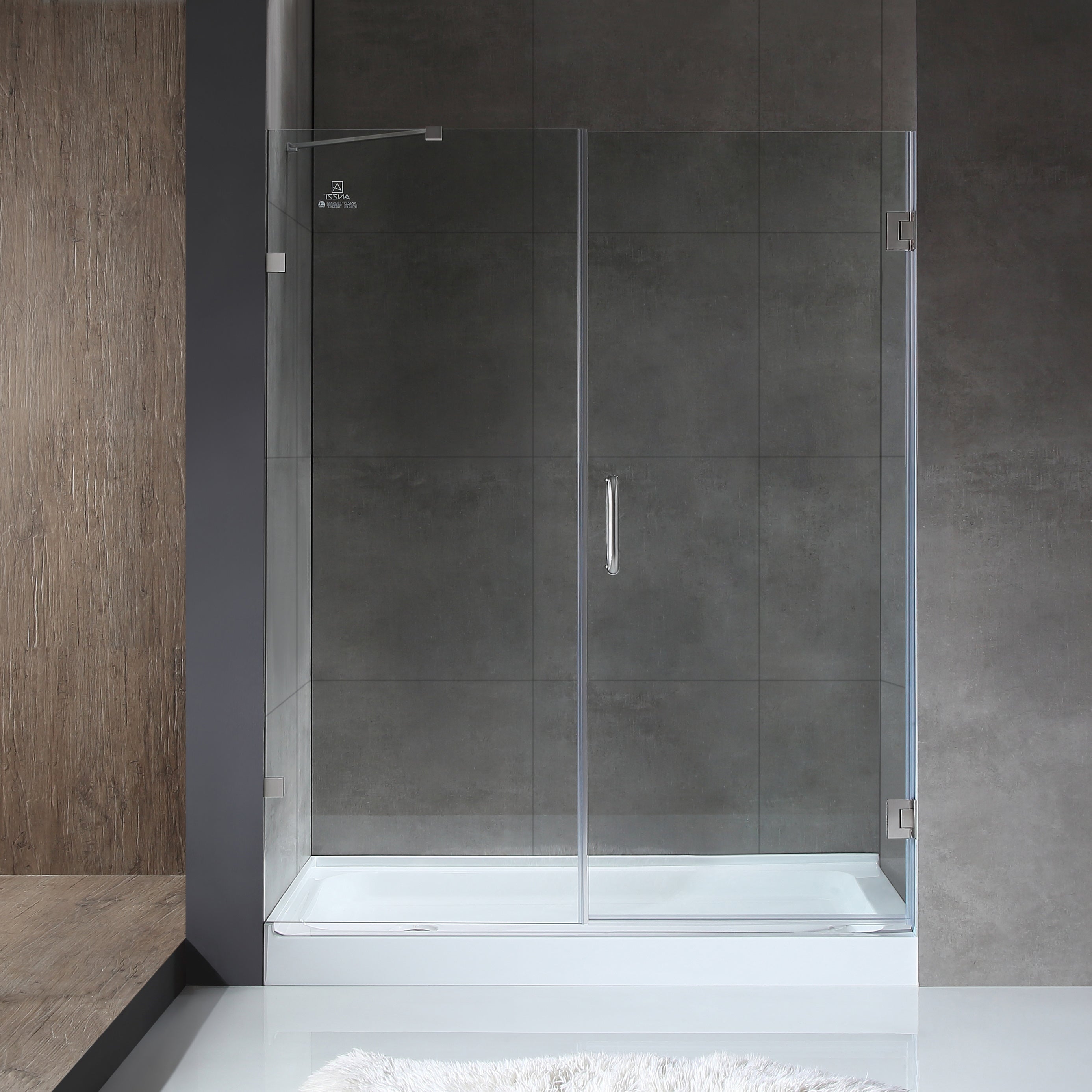 Anzzi Makata Series 60 in. by 72 in. Frameless Hinged Alcove Shower Door with Handle SD-AZ8073-01 - SD-AZ8073-01BN