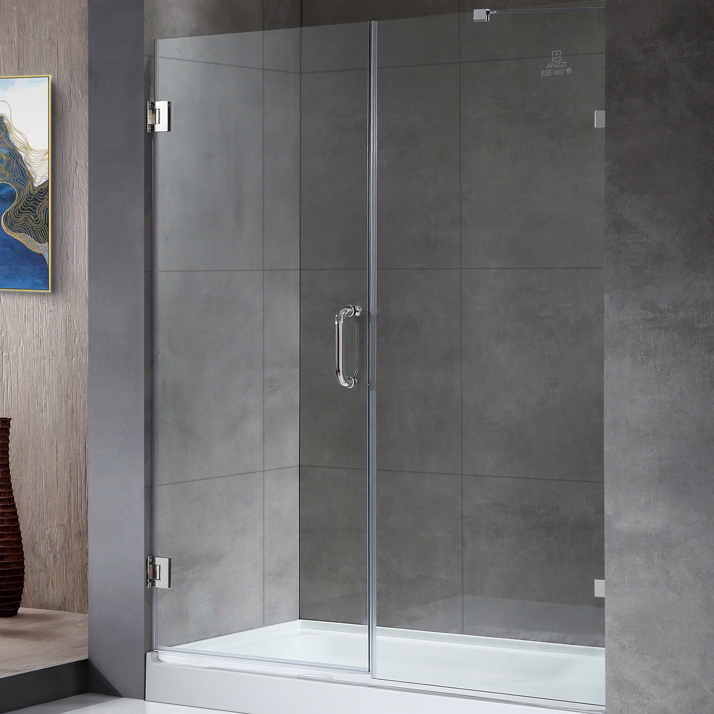 Anzzi Makata Series 60 in. by 72 in. Frameless Hinged Alcove Shower Door with Handle SD-AZ8073-01 - SD-AZ8073-01BN