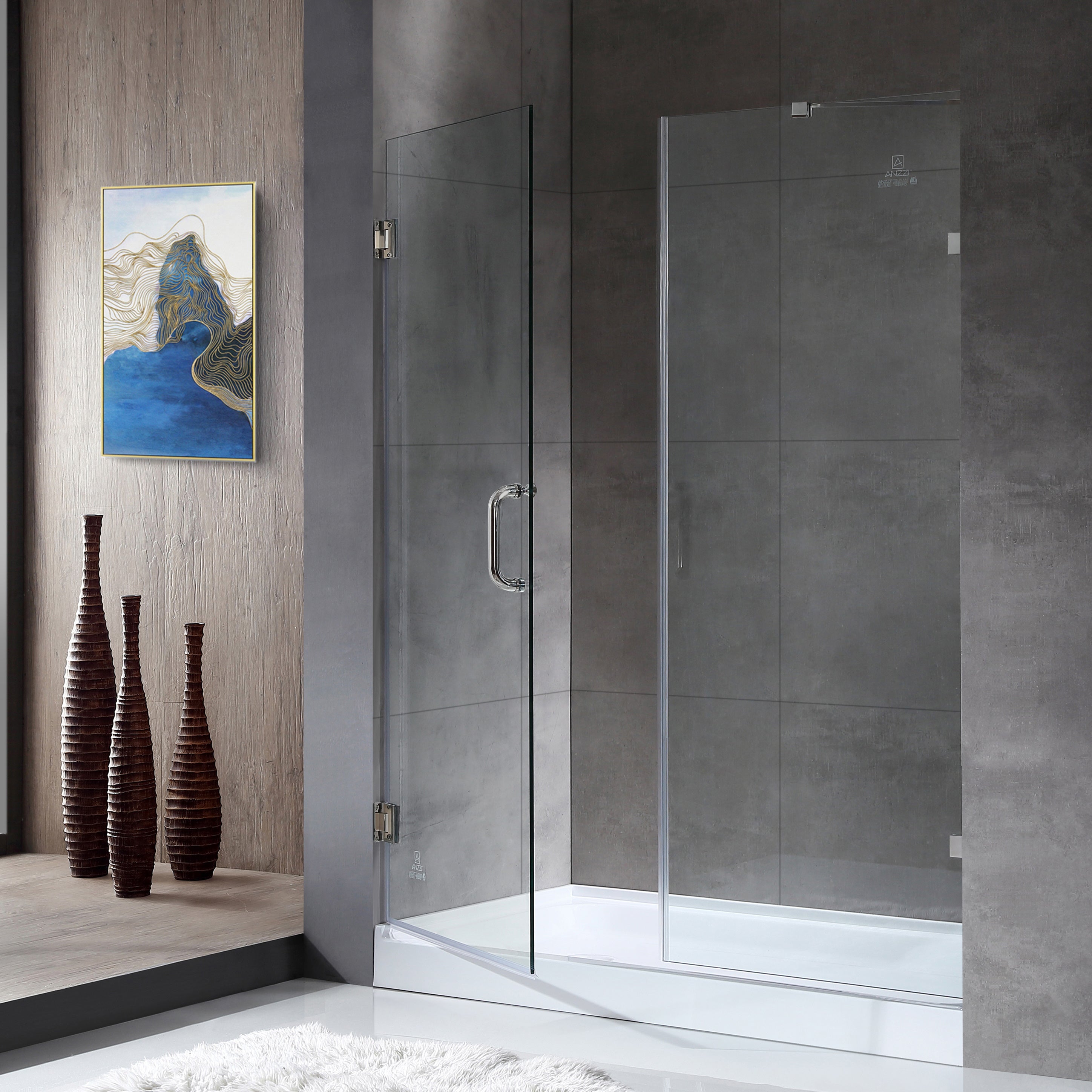 Anzzi Makata Series 60 in. by 72 in. Frameless Hinged Alcove Shower Door with Handle SD-AZ8073-01 - SD-AZ8073-01BN