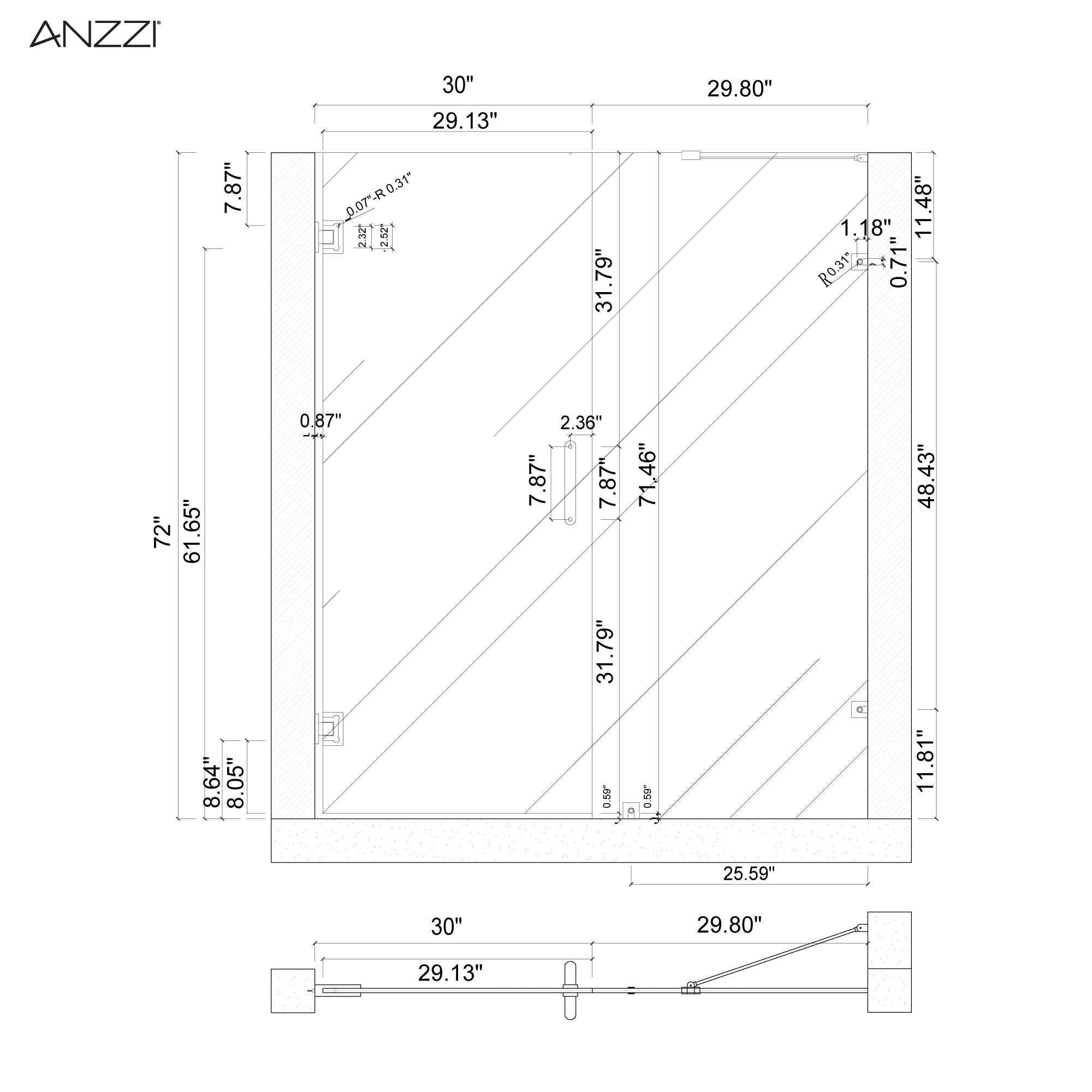 Anzzi Makata Series 60 in. by 72 in. Frameless Hinged Alcove Shower Door with Handle SD-AZ8073-01 - SD-AZ8073-01BN