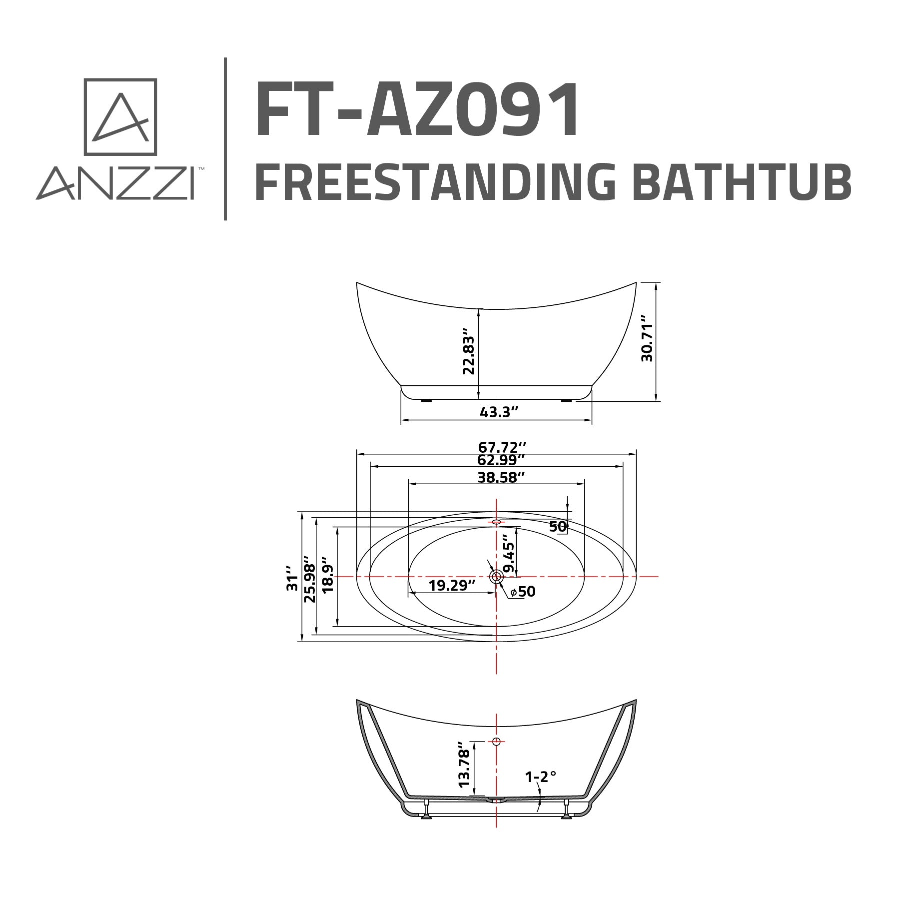 Anzzi Reginald Series 5.67 ft. Freestanding Bathtub in White FT-AZ091 - FT-AZ091