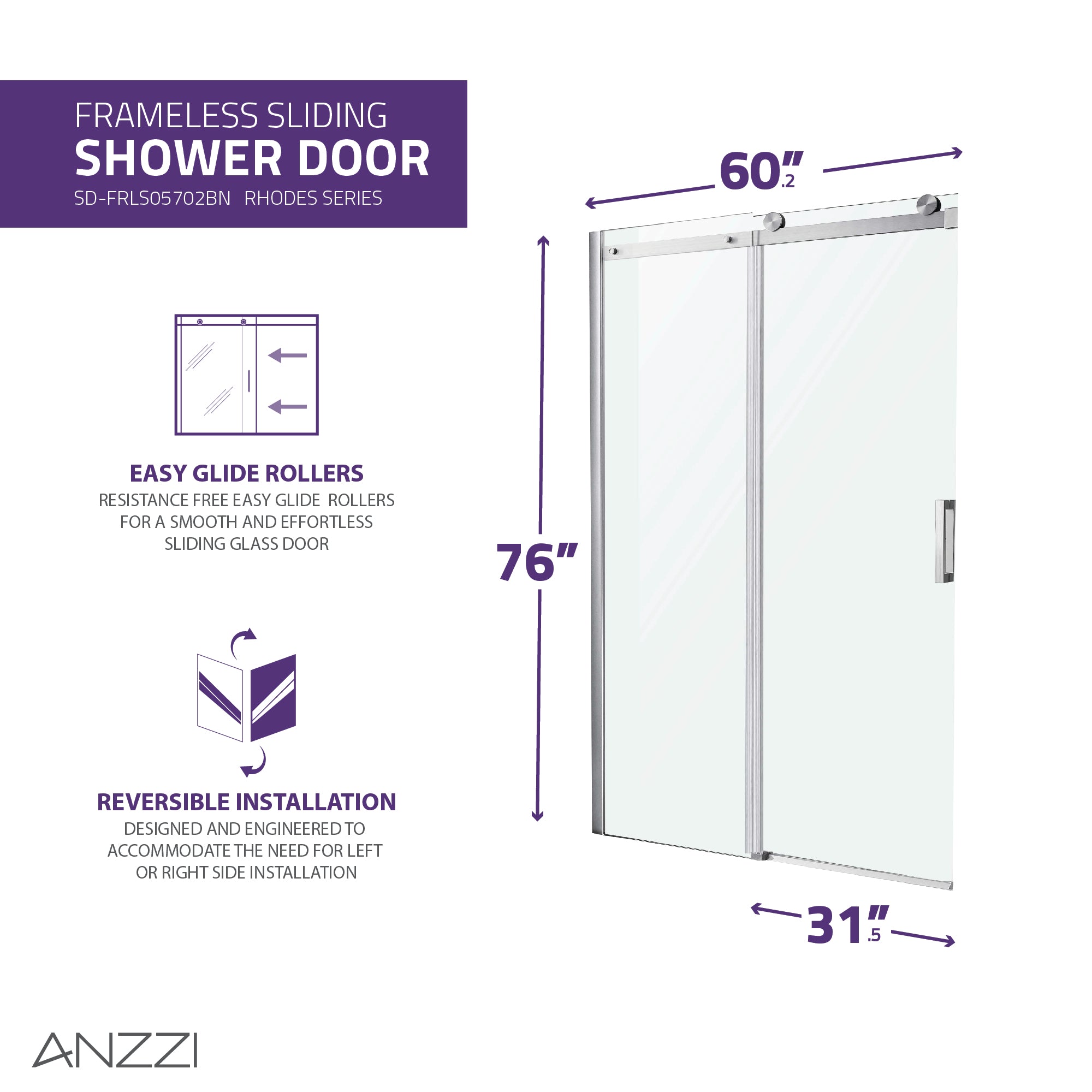 Anzzi Rhodes Series 60 in. x 76 in. Frameless Sliding Shower Door with Handle  SD-FRLS05702 - SD-FRLS05702BN