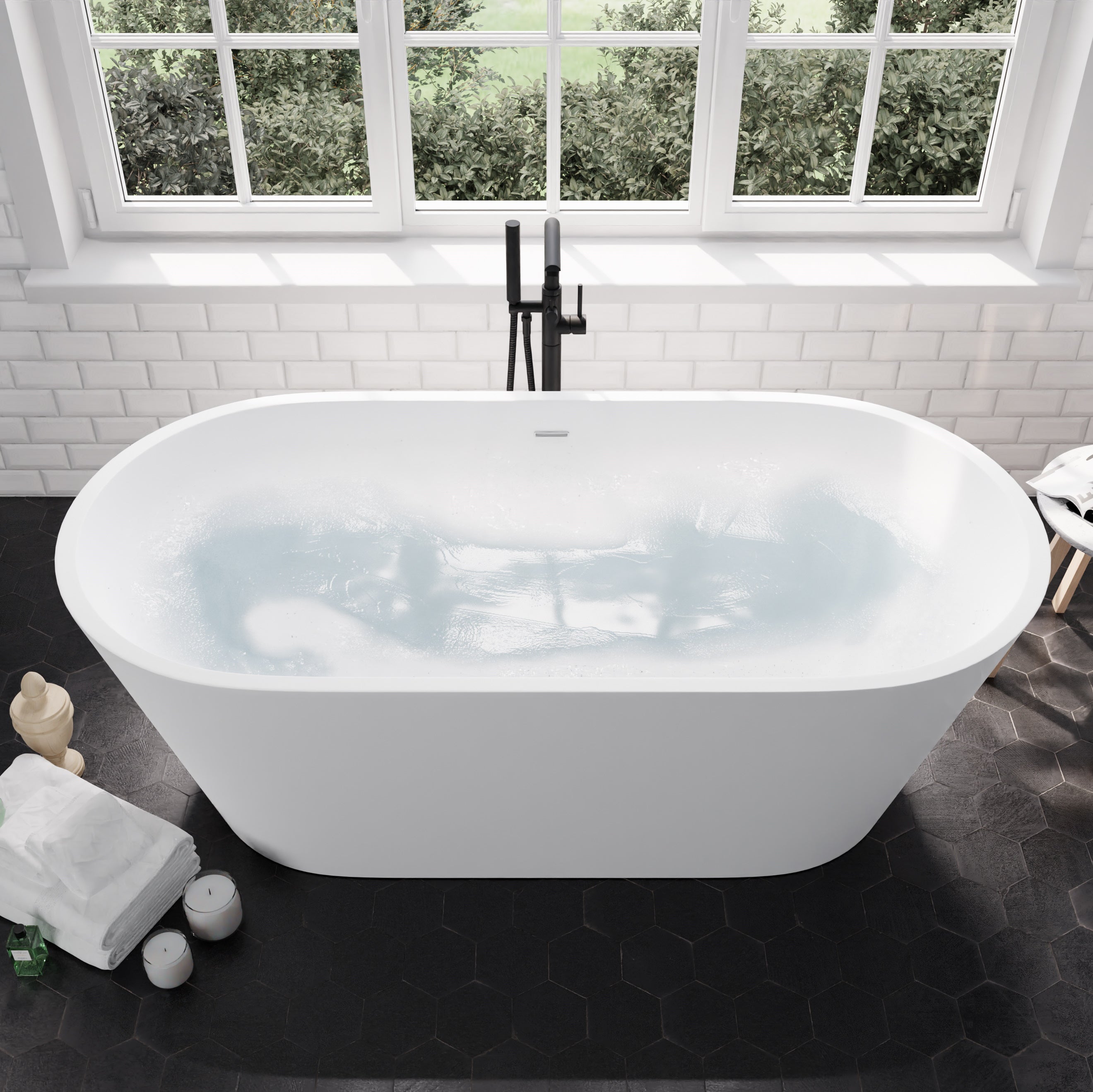 Anzzi Roccia 5.1 ft. Solid Surface Center Drain Freestanding Bathtub in Matte White FT-AZ505 - FT-AZ505