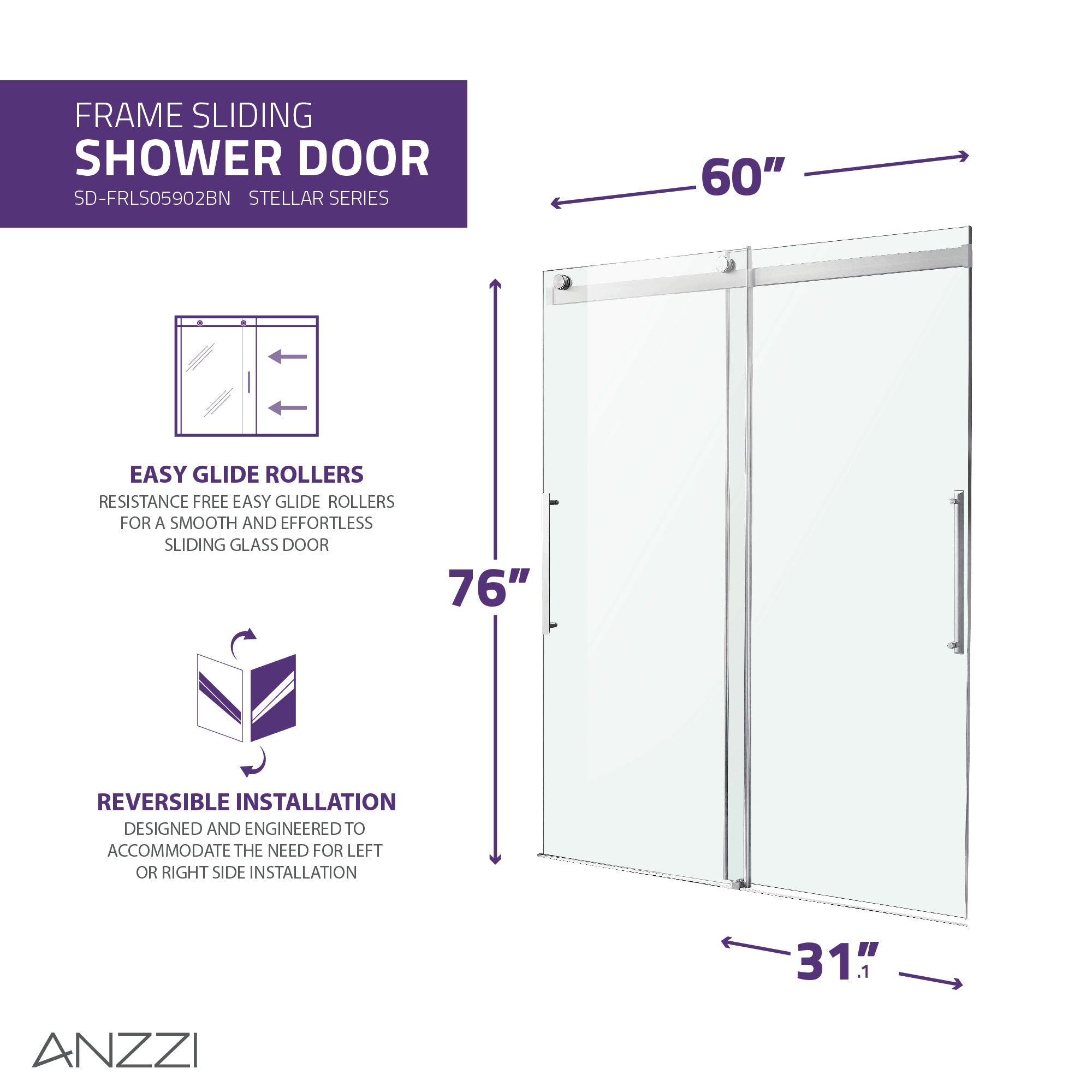 Anzzi Stellar Series 60 in. x 76 in. Frameless Sliding Shower Door with Handle SD-FRLS05902 - SD-FRLS05902BN