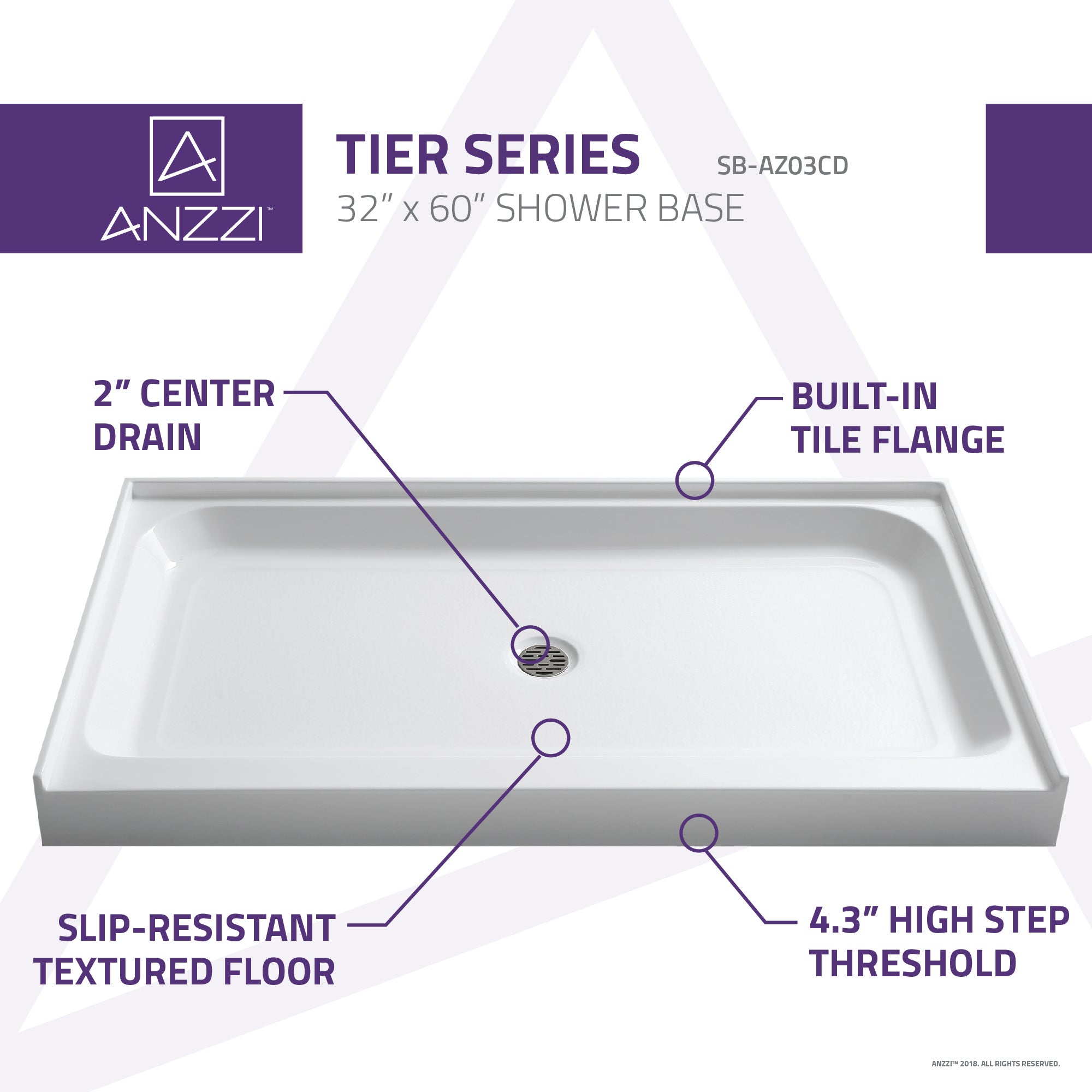 Anzzi Tier 32 x 60  in. Single Threshold Shower Base in White SB-AZ03CD - SB-AZ03CD