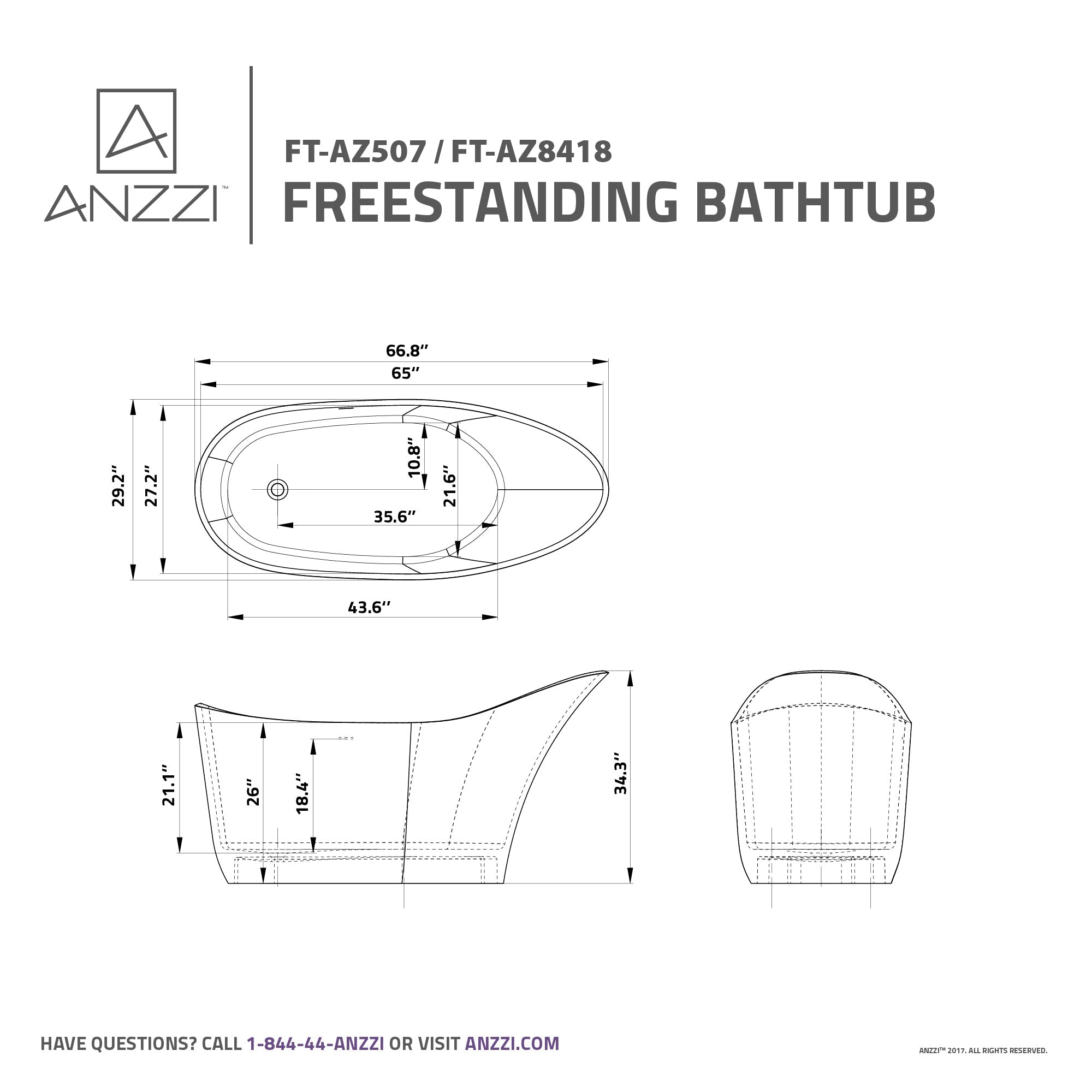 Anzzi Tuasavi 5.6 ft. Solid Surface Center Drain Freestanding Bathtub in Matte White FT-AZ8418 - FT-AZ8418