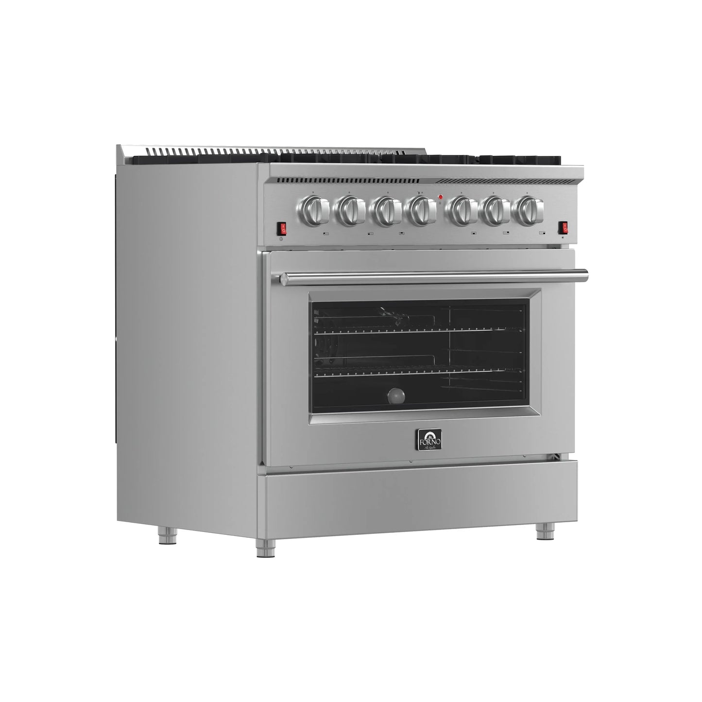Forno 5-Piece Appliance Package - 36-Inch Gas Range, Wall Mount Range Hood, 36-Inch Refrigerator, Dishwasher, and 24-Inch Microwave Oven in Stainless Steel - AP5-6244-36-5095-24MO