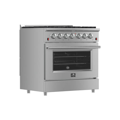 Forno 5-Piece Appliance Package - 36-Inch Gas Range, Wall Mount Range Hood, 36-Inch Refrigerator, Dishwasher, and 24-Inch Microwave Oven in Stainless Steel - AP5-6244-36-5095-24MO