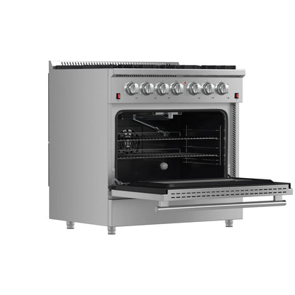 Forno 5-Piece Appliance Package - 36-Inch Gas Range, Wall Mount Range Hood, 36-Inch Refrigerator, Dishwasher, and 24-Inch Microwave Oven in Stainless Steel - AP5-6244-36-5095-24MO