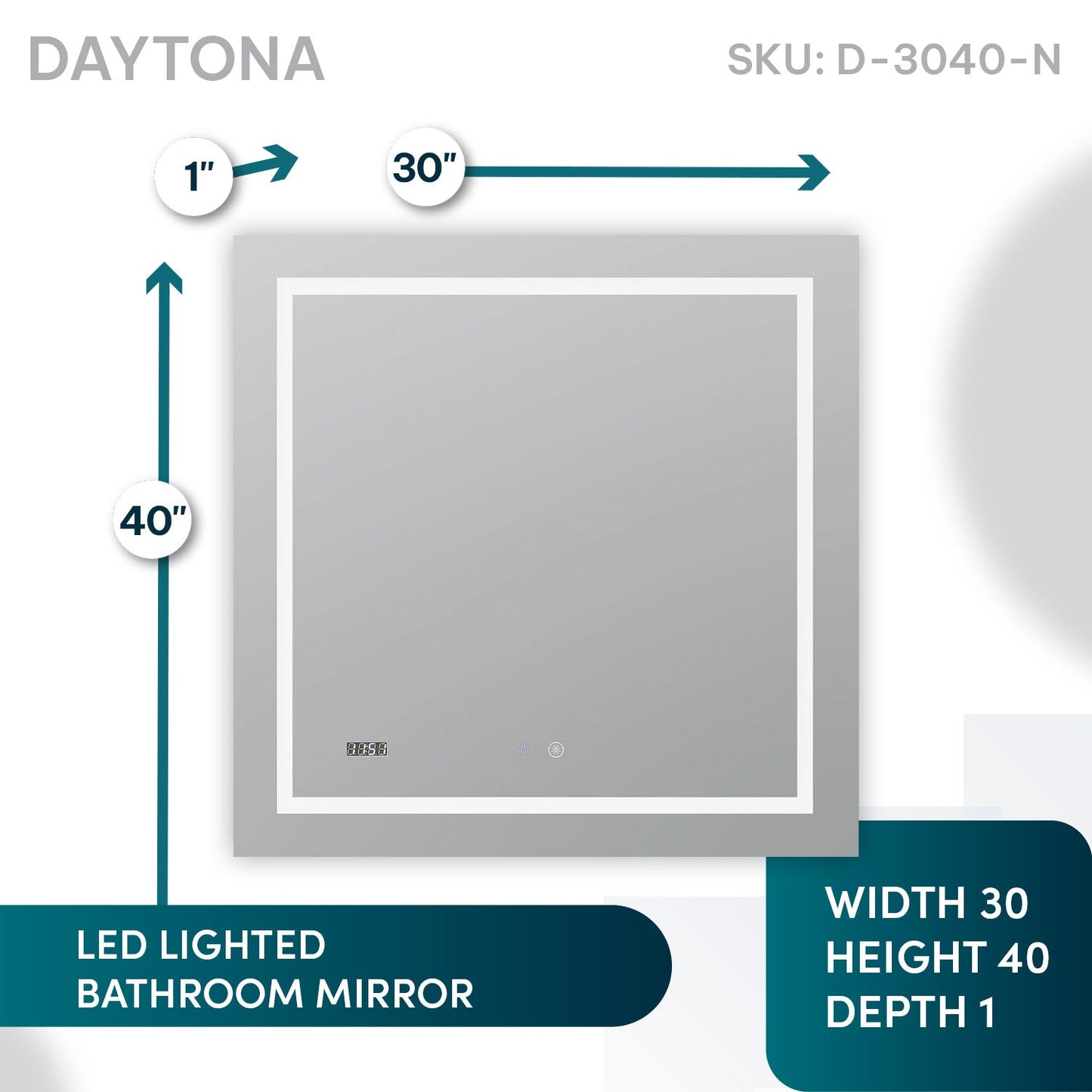 Aquadom Daytona 30" x 40" Rectangle Ultra-Slim Frame LED Lighted Bathroom Mirror With Defogger - D-3040-N