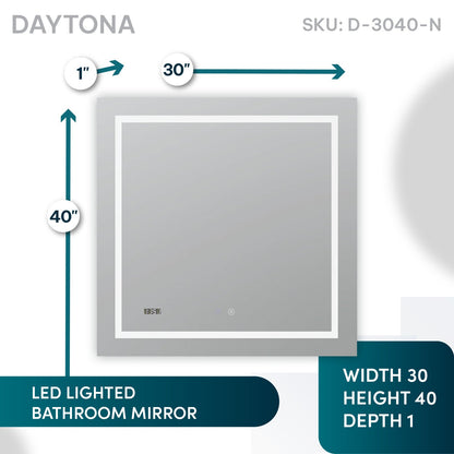 Aquadom Daytona 30" x 40" Rectangle Ultra-Slim Frame LED Lighted Bathroom Mirror With Defogger - D-3040-N