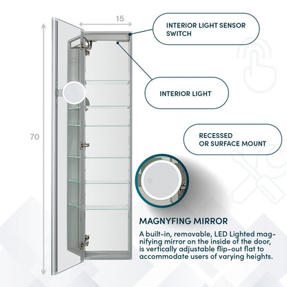 Aquadom Edge Royale 15" x 70" Right Hinged Medicine Cabinet With Lighting, Defogger, Integrated LED 3X Magnifying Mirror, 8mm Clear Adjustable Glass Shelves and Electrical Outlet With USB - ER-1570R-N