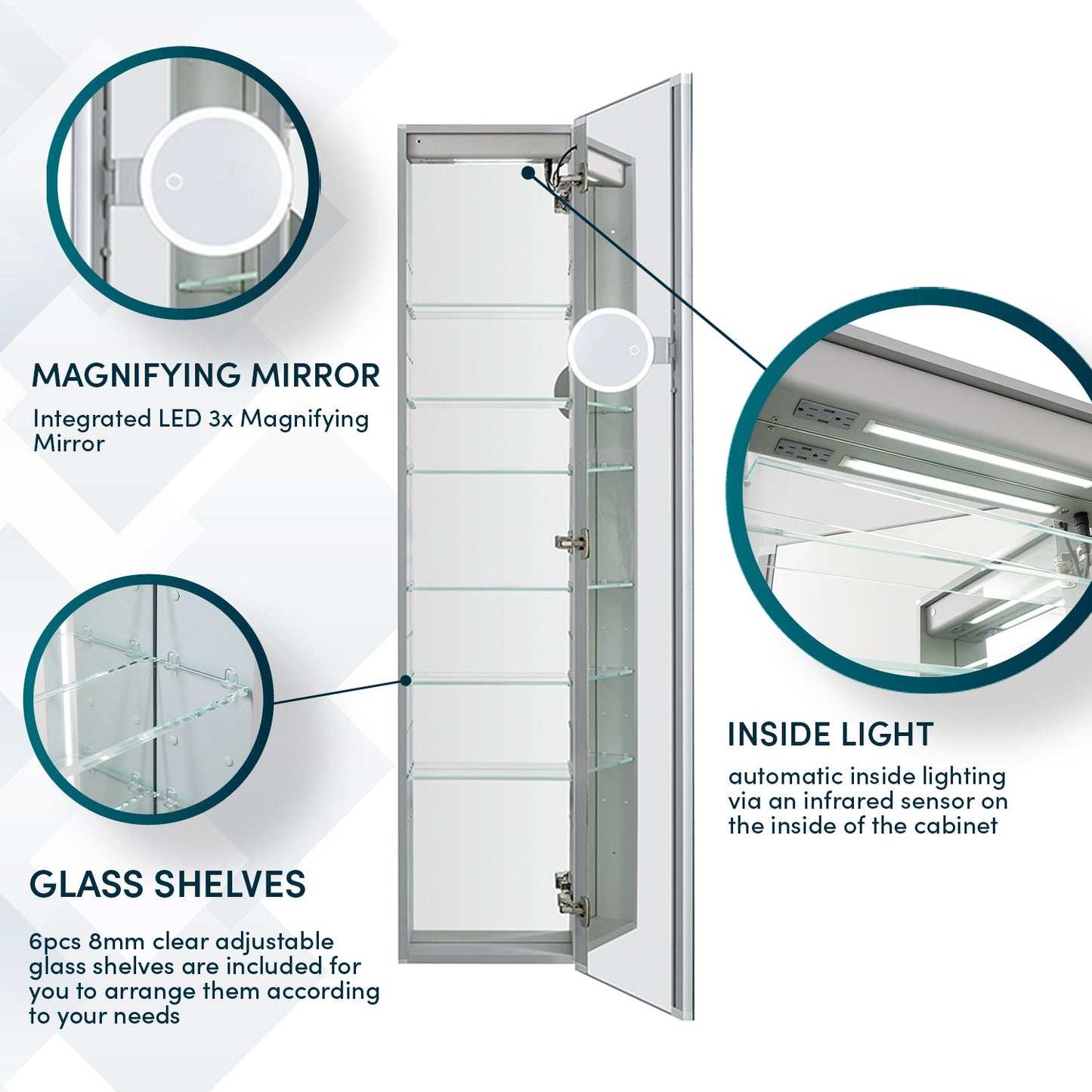 Aquadom Edge Royale 15" x 70" Right Hinged Medicine Cabinet With Lighting, Defogger, Integrated LED 3X Magnifying Mirror, 8mm Clear Adjustable Glass Shelves and Electrical Outlet With USB - ER-1570R-N