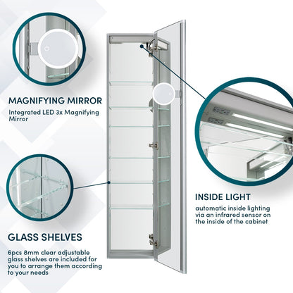 Aquadom Edge Royale 15" x 70" Right Hinged Medicine Cabinet With Lighting, Defogger, Integrated LED 3X Magnifying Mirror, 8mm Clear Adjustable Glass Shelves and Electrical Outlet With USB - ER-1570R-N
