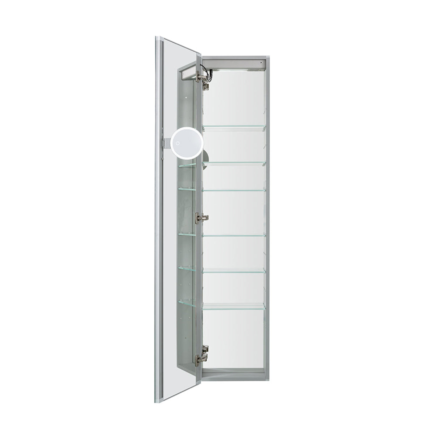 Aquadom Edge Royale 15" x 70" Right Hinged Medicine Cabinet With Lighting, Defogger, Integrated LED 3X Magnifying Mirror, 8mm Clear Adjustable Glass Shelves and Electrical Outlet With USB - ER-1570R-N