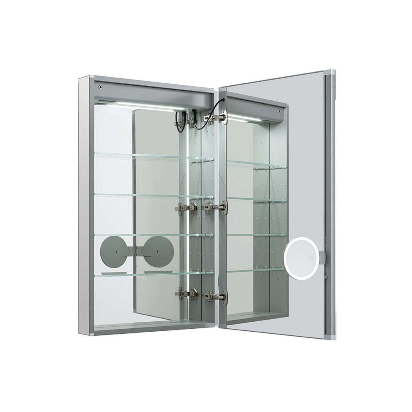 Aquadom Edge Royale 20" x 32" Left Hinged Medicine Cabinet With Lighting, Defogger, Integrated LED 3X Magnifying Mirror, 8mm Clear Adjustable Glass Shelves and Electrical Outlet With USB - ER-2032L-N
