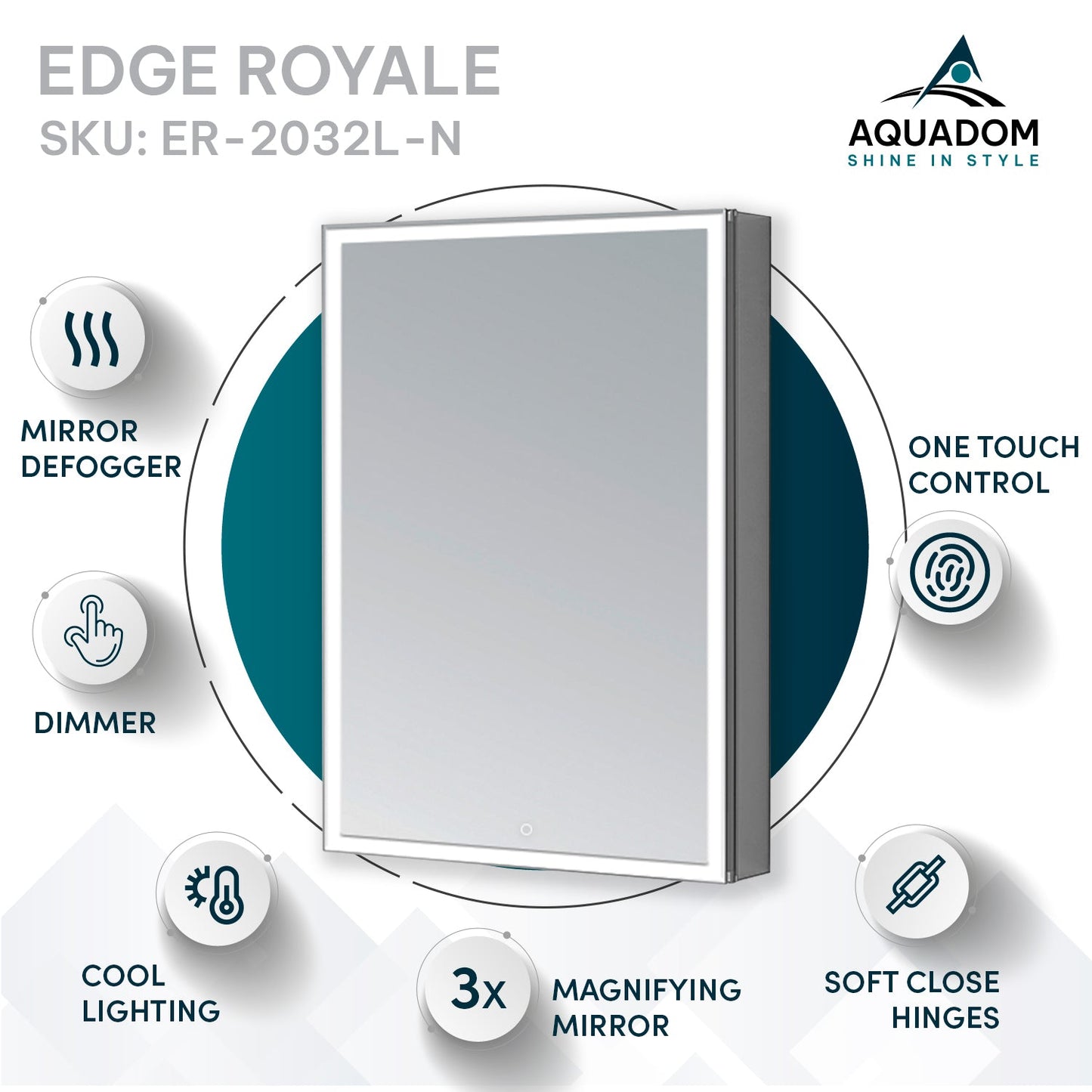 Aquadom Edge Royale 20" x 32" Left Hinged Medicine Cabinet With Lighting, Defogger, Integrated LED 3X Magnifying Mirror, 8mm Clear Adjustable Glass Shelves and Electrical Outlet With USB - ER-2032L-N