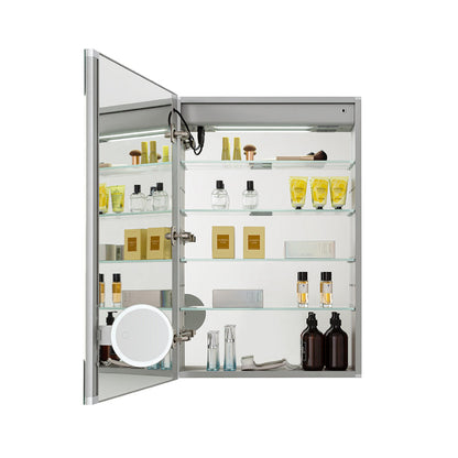 Aquadom Edge Royale 20" x 32" Left Hinged Medicine Cabinet With Lighting, Defogger, Integrated LED 3X Magnifying Mirror, 8mm Clear Adjustable Glass Shelves and Electrical Outlet With USB - ER-2032L-N