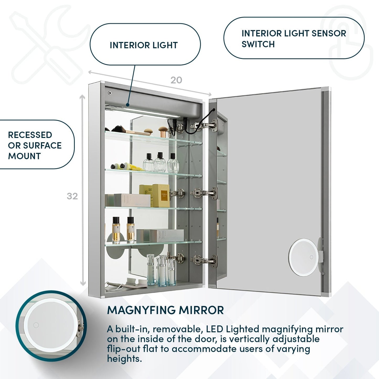 Aquadom Edge Royale 20" x 32" Right Hinged Medicine Cabinet With Lighting, Defogger, Integrated LED 3X Magnifying Mirror, 8mm Clear Adjustable Glass Shelves and Electrical Outlet With USB - ER-2032R-N