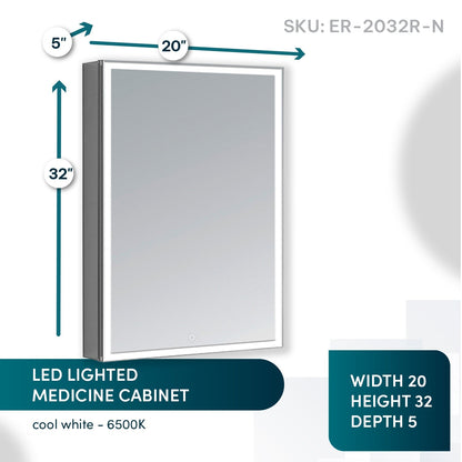 Aquadom Edge Royale 20" x 32" Right Hinged Medicine Cabinet With Lighting, Defogger, Integrated LED 3X Magnifying Mirror, 8mm Clear Adjustable Glass Shelves and Electrical Outlet With USB - ER-2032R-N