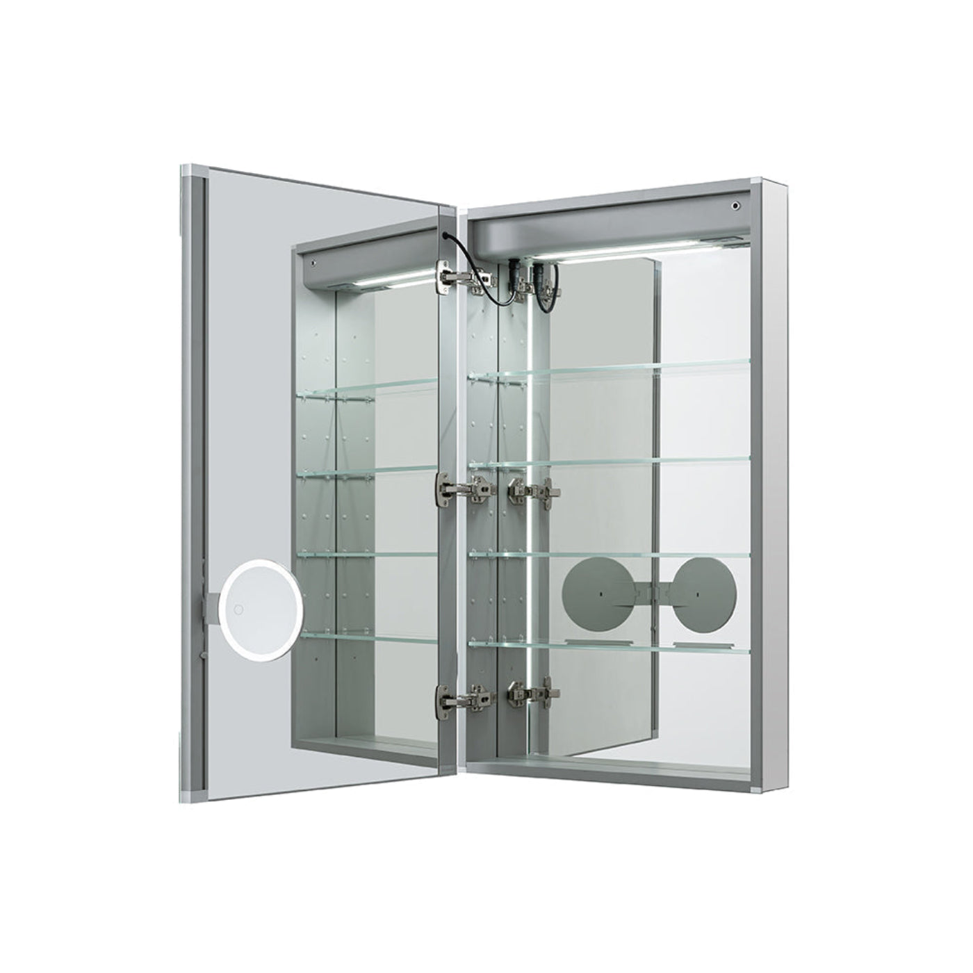 Aquadom Edge Royale 20" x 32" Right Hinged Medicine Cabinet With Lighting, Defogger, Integrated LED 3X Magnifying Mirror, 8mm Clear Adjustable Glass Shelves and Electrical Outlet With USB - ER-2032R-N