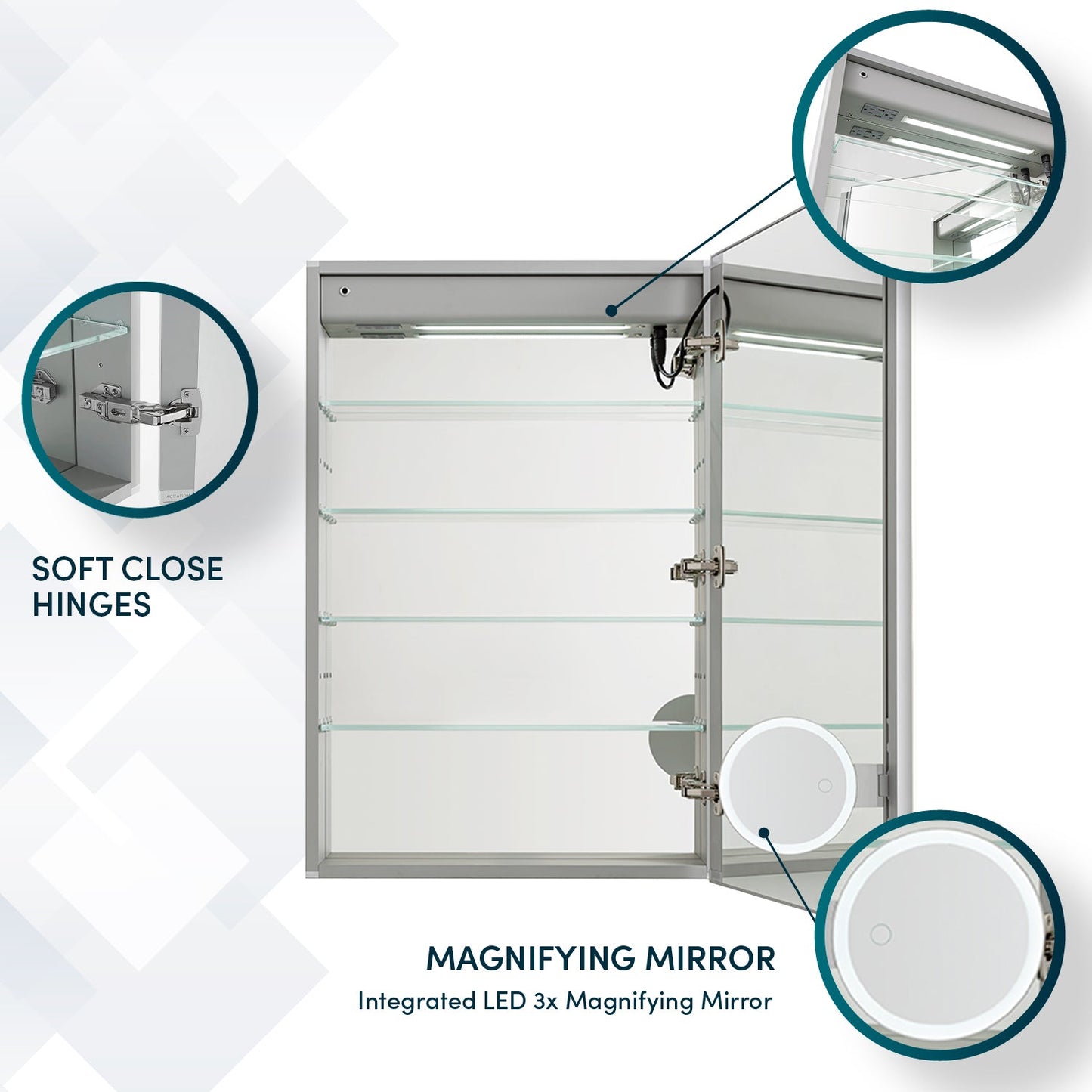 Aquadom Edge Royale 20" x 32" Right Hinged Medicine Cabinet With Lighting, Defogger, Integrated LED 3X Magnifying Mirror, 8mm Clear Adjustable Glass Shelves and Electrical Outlet With USB - ER-2032R-N