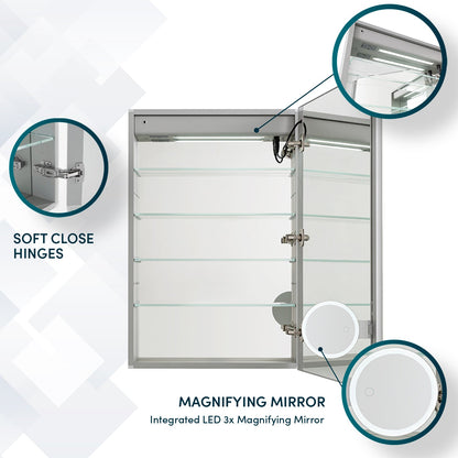 Aquadom Edge Royale 20" x 32" Right Hinged Medicine Cabinet With Lighting, Defogger, Integrated LED 3X Magnifying Mirror, 8mm Clear Adjustable Glass Shelves and Electrical Outlet With USB - ER-2032R-N