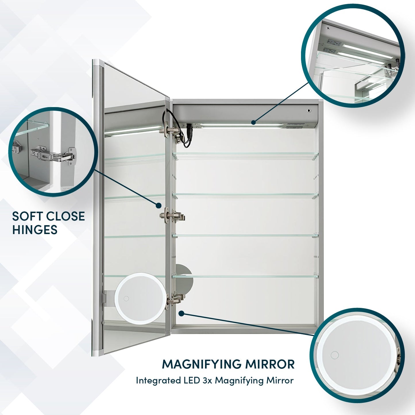Aquadom Edge Royale 24" x 32" Left Hinged Medicine Cabinet With Lighting, Defogger, Integrated LED 3X Magnifying Mirror, 8mm Clear Adjustable Glass Shelves and Electrical Outlet With USB - ER-2432L-N