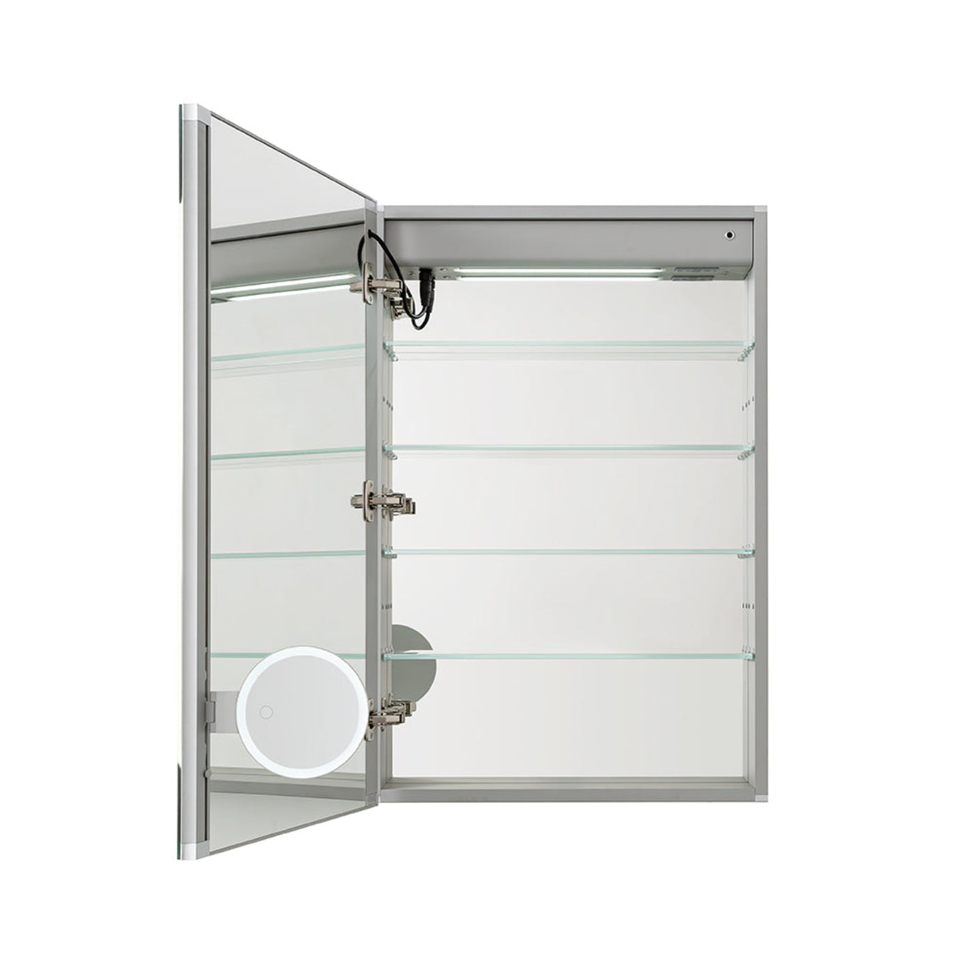 Aquadom Edge Royale 24" x 32" Left Hinged Medicine Cabinet With Lighting, Defogger, Integrated LED 3X Magnifying Mirror, 8mm Clear Adjustable Glass Shelves and Electrical Outlet With USB - ER-2432L-N