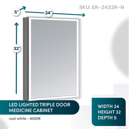 Aquadom Edge Royale 24" x 32" Right Hinged Medicine Cabinet With Lighting, Defogger, Integrated LED 3X Magnifying Mirror, 8mm Clear Adjustable Glass Shelves and Electrical Outlet With USB - ER-2432R-N