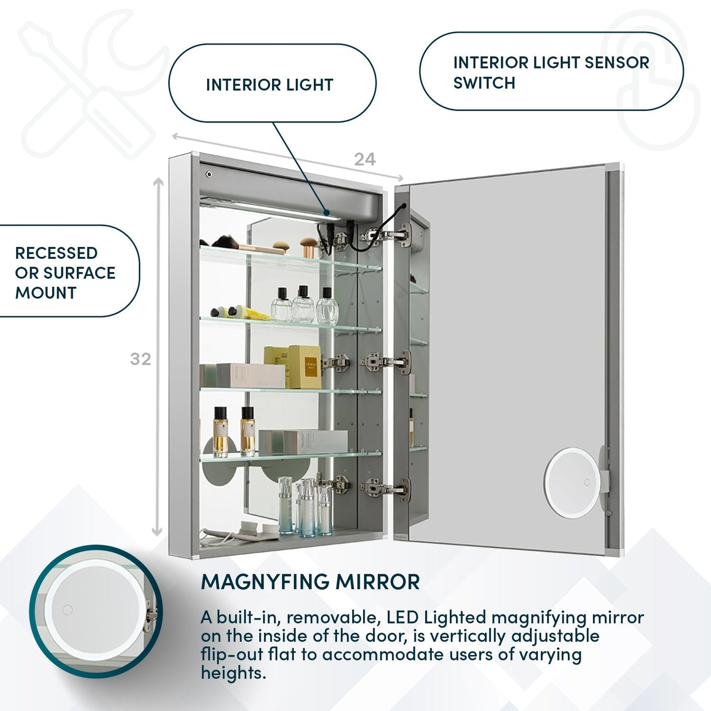 Aquadom Edge Royale 24" x 32" Right Hinged Medicine Cabinet With Lighting, Defogger, Integrated LED 3X Magnifying Mirror, 8mm Clear Adjustable Glass Shelves and Electrical Outlet With USB - ER-2432R-N