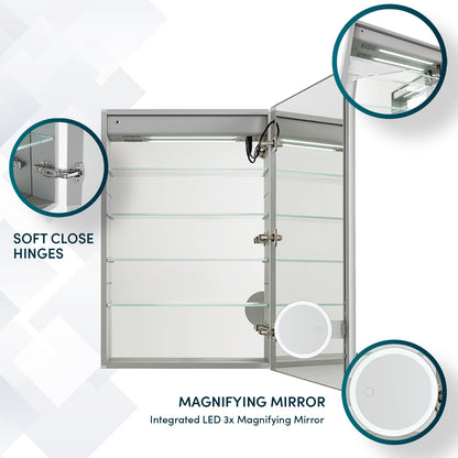 Aquadom Edge Royale 24" x 32" Right Hinged Medicine Cabinet With Lighting, Defogger, Integrated LED 3X Magnifying Mirror, 8mm Clear Adjustable Glass Shelves and Electrical Outlet With USB - ER-2432R-N