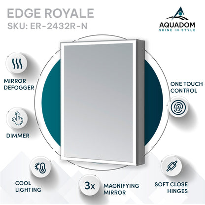 Aquadom Edge Royale 24" x 32" Right Hinged Medicine Cabinet With Lighting, Defogger, Integrated LED 3X Magnifying Mirror, 8mm Clear Adjustable Glass Shelves and Electrical Outlet With USB - ER-2432R-N