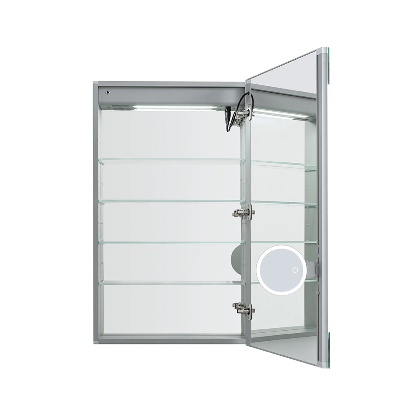 Aquadom Edge Royale 24" x 32" Right Hinged Medicine Cabinet With Lighting, Defogger, Integrated LED 3X Magnifying Mirror, 8mm Clear Adjustable Glass Shelves and Electrical Outlet With USB - ER-2432R-N