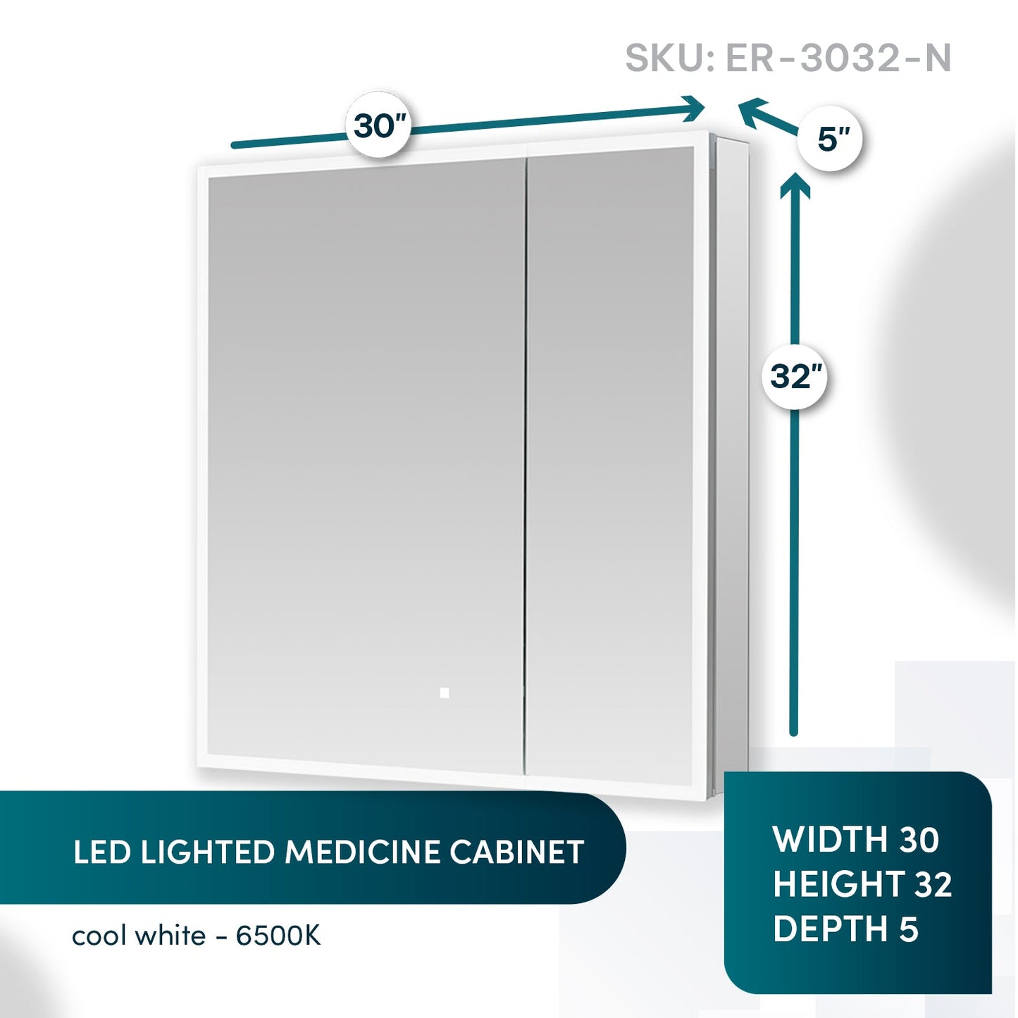 Aquadom Edge Royale 30" x 32" LED Lighted Medicine Cabinet With Defogger, Integrated LED 3X Magnifying Mirror, 8mm Clear Adjustable Glass Shelves and Electrical Outlet With USB - ER-3032-N