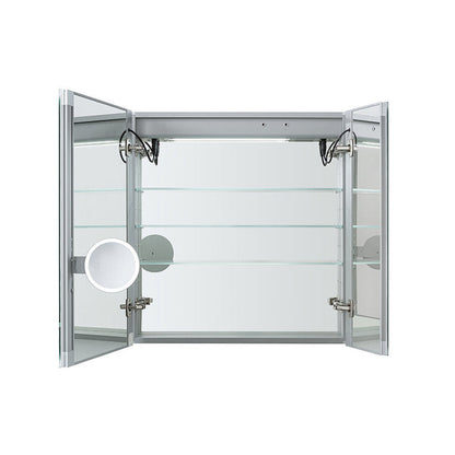 Aquadom Edge Royale 30" x 32" LED Lighted Medicine Cabinet With Defogger, Integrated LED 3X Magnifying Mirror, 8mm Clear Adjustable Glass Shelves and Electrical Outlet With USB - ER-3032-N