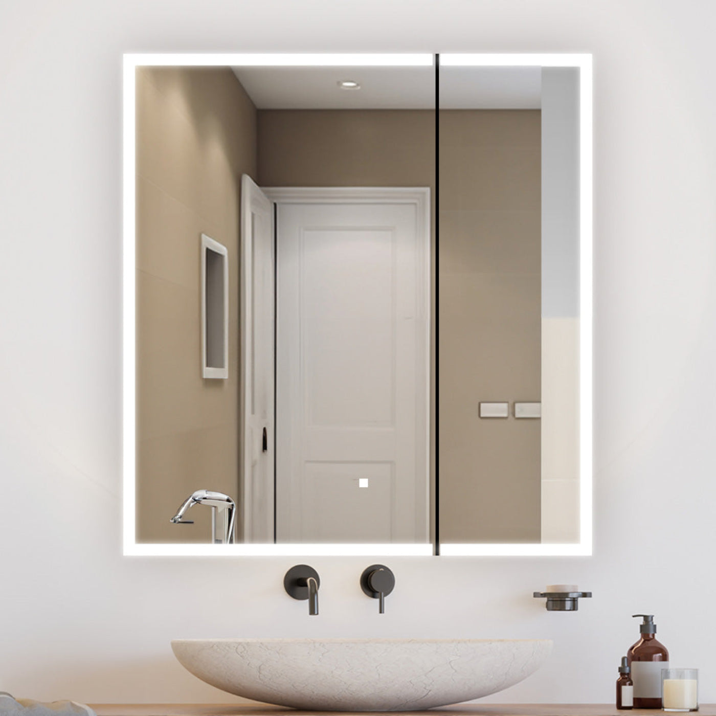 Aquadom Edge Royale 30" x 32" LED Lighted Medicine Cabinet With Defogger, Integrated LED 3X Magnifying Mirror, 8mm Clear Adjustable Glass Shelves and Electrical Outlet With USB - ER-3032-N