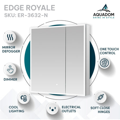 Aquadom Edge Royale 36" x 32" LED Lighted Medicine Cabinet With Defogger, Integrated LED 3X Magnifying Mirror, 8mm Clear Adjustable Glass Shelves and Electrical Outlet With USB - ER-3632-N