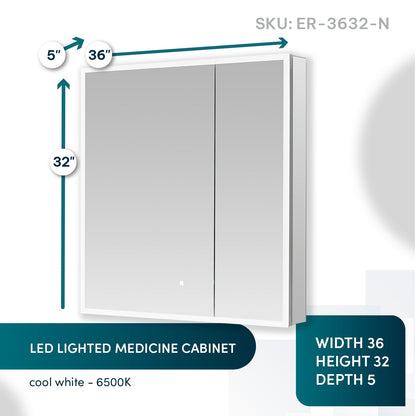 Aquadom Edge Royale 36" x 32" LED Lighted Medicine Cabinet With Defogger, Integrated LED 3X Magnifying Mirror, 8mm Clear Adjustable Glass Shelves and Electrical Outlet With USB - ER-3632-N