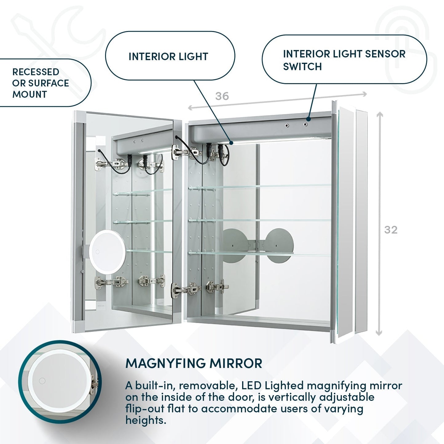 Aquadom Edge Royale 36" x 32" LED Lighted Medicine Cabinet With Defogger, Integrated LED 3X Magnifying Mirror, 8mm Clear Adjustable Glass Shelves and Electrical Outlet With USB - ER-3632-N
