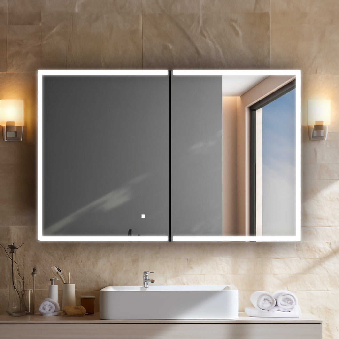 Aquadom Edge Royale 48" x 32" LED Lighted Medicine Cabinet With Defogger, Integrated LED 3X Magnifying Mirror, 8mm Clear Adjustable Glass Shelves and Electrical Outlet With USB - ER-4832-N