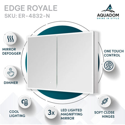 Aquadom Edge Royale 48" x 32" LED Lighted Medicine Cabinet With Defogger, Integrated LED 3X Magnifying Mirror, 8mm Clear Adjustable Glass Shelves and Electrical Outlet With USB - ER-4832-N