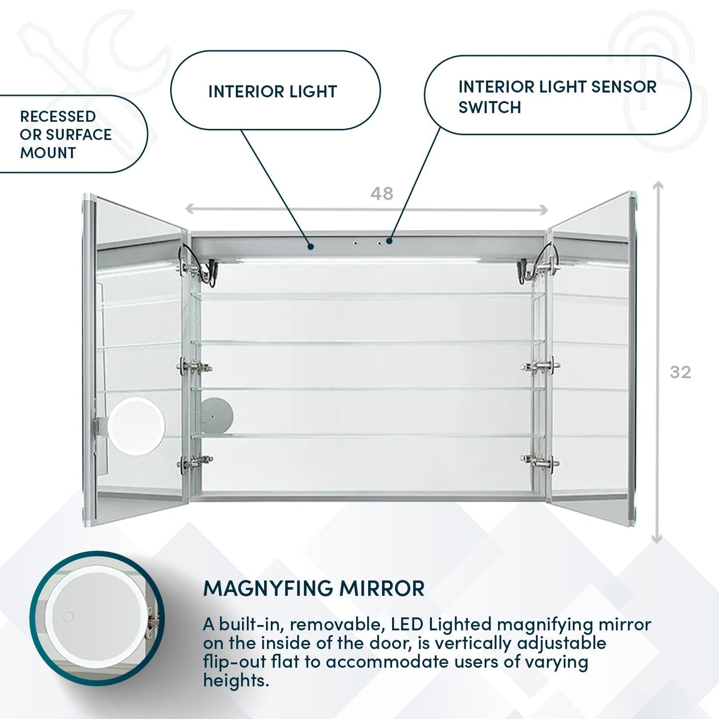 Aquadom Edge Royale 48" x 32" LED Lighted Medicine Cabinet With Defogger, Integrated LED 3X Magnifying Mirror, 8mm Clear Adjustable Glass Shelves and Electrical Outlet With USB - ER-4832-N